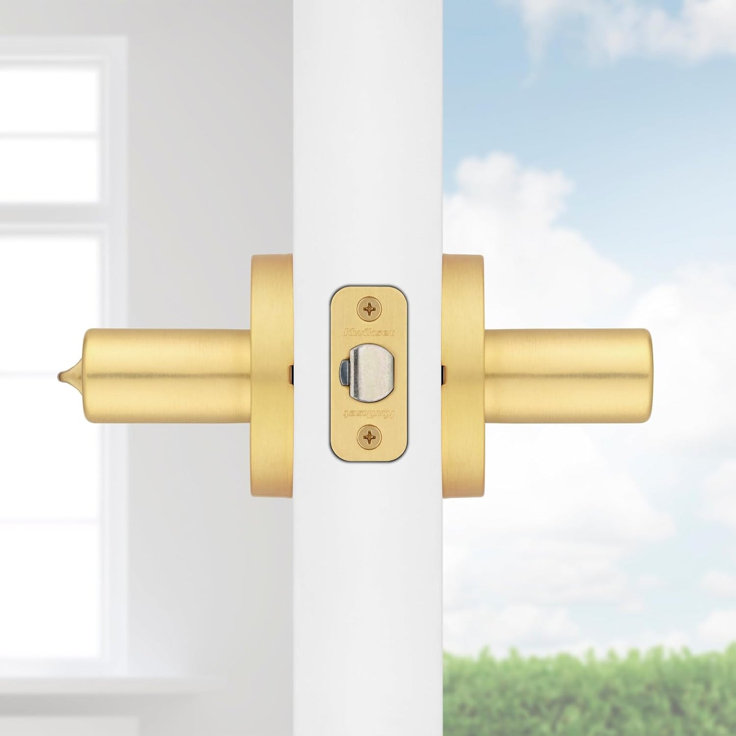 Kwikset Halifax Entry Door Handle with Lock and Key, Secure Keyed Reversible Lever Exterior, for Front Entrance and Bedrooms, Satin Brass, Pick Resistant Smartkey Rekey Security and Microban