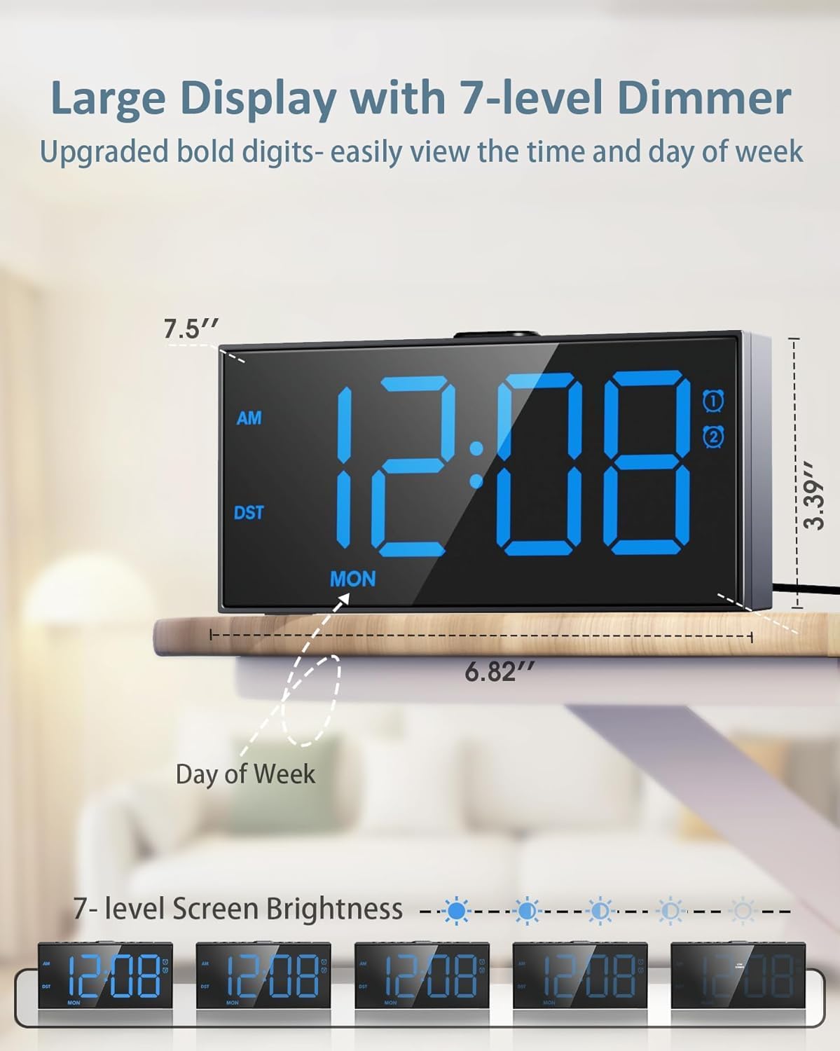 RGB Digital Alarm Clock for Bedroom, Dual Alarms ,Weekday/Weekend/Everyday Mode, 7 Dimmer,5 Volume,2 Charging Ports, 9-min Snooze,Memory Function,Plug in Desk Clock Large Display for Kids/Teens
