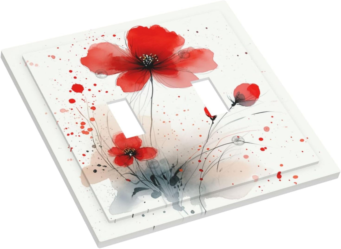 Vintage Watercolor Red Flowers Floral Decorative Switch Plates 2 Gang Double Toggle Outlet Light Switch Cover Wall Plate Electrical Faceplate for Bedroom Bathroom Decor