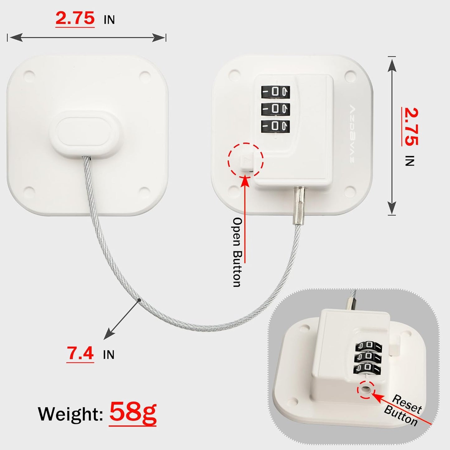 Refrigerator Lock, Heavy Duty Fridge Lock, Combination Lock for Fridge, Cabinets, Window, Drawers and Child Safety Cabinet Locks, No Drilling, Easy Install, No Keys Needed, 2 Pack, White