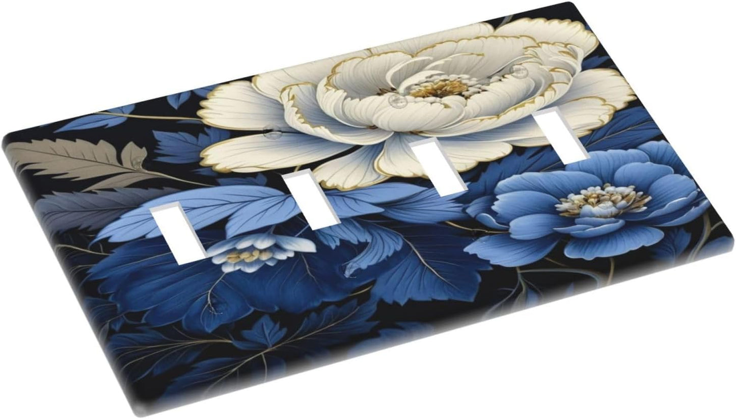 Blue White Flowers Light Switch Covers Quad Toggle 4 Gang Wall Plate Decorative Switchplate Electrical Faceplate for Farmhouse Bathroom Living Decor