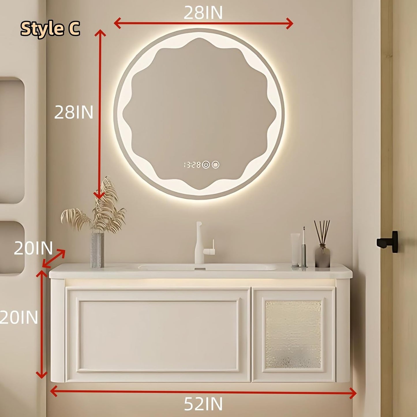 52IN Wall Mounted Bathroom Vanity Set - Wood Bathroom Vanities has Tissue Hole Design | Includes Smart Defogging Mirror Cabinet & Time Display, Rounded Corners, Glass Cabinet Doors (Style C)