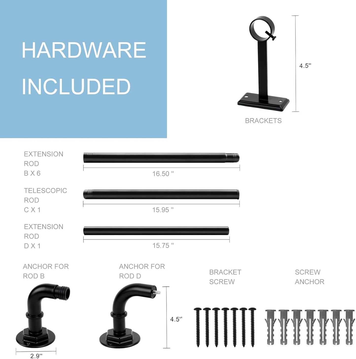Curtain Rods for Windows 16 to 120 Inches Adjustable Blackout Wrap Around 1 Inch Diameter Curtain Rod, Black