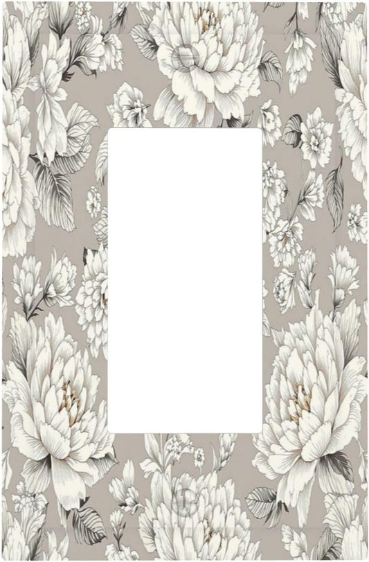 White Poppies Floral Modern Grey Peonies Flowers Decorative Outlet Covers 1 Gang Single Rocker Light Switch Cover Plate Wall Plates GFCI Faceplate for Bedroom Bathroom Decor