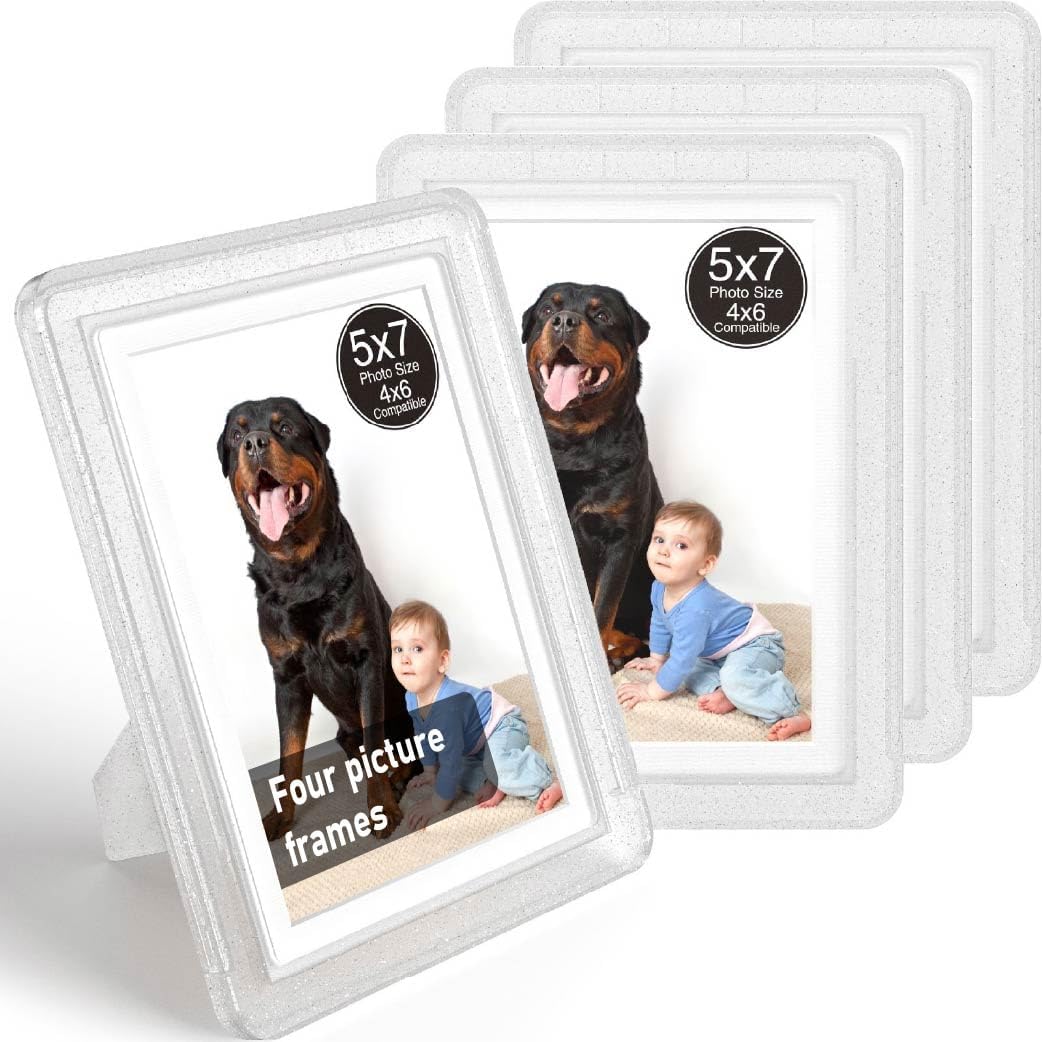 Crystal 5x7 Picture Frame with Acrylic Front 4 Pack, ABS Frame for 5x7 or 4x9 Photos, Shatterproof UV-Resistant Tabletop Photo Frame, Vertical/Horizontal Display for Home Décor