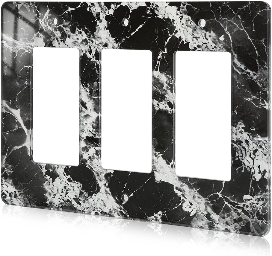 Black White Marble Pattern Acrylic Shiny Silver Wall Plate Triple Toggle Outlet Covers Decorative Switch Cover