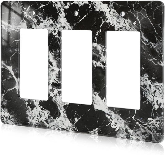 Black White Marble Pattern Acrylic Shiny Silver Wall Plate Triple Toggle Outlet Covers Decorative Switch Cover