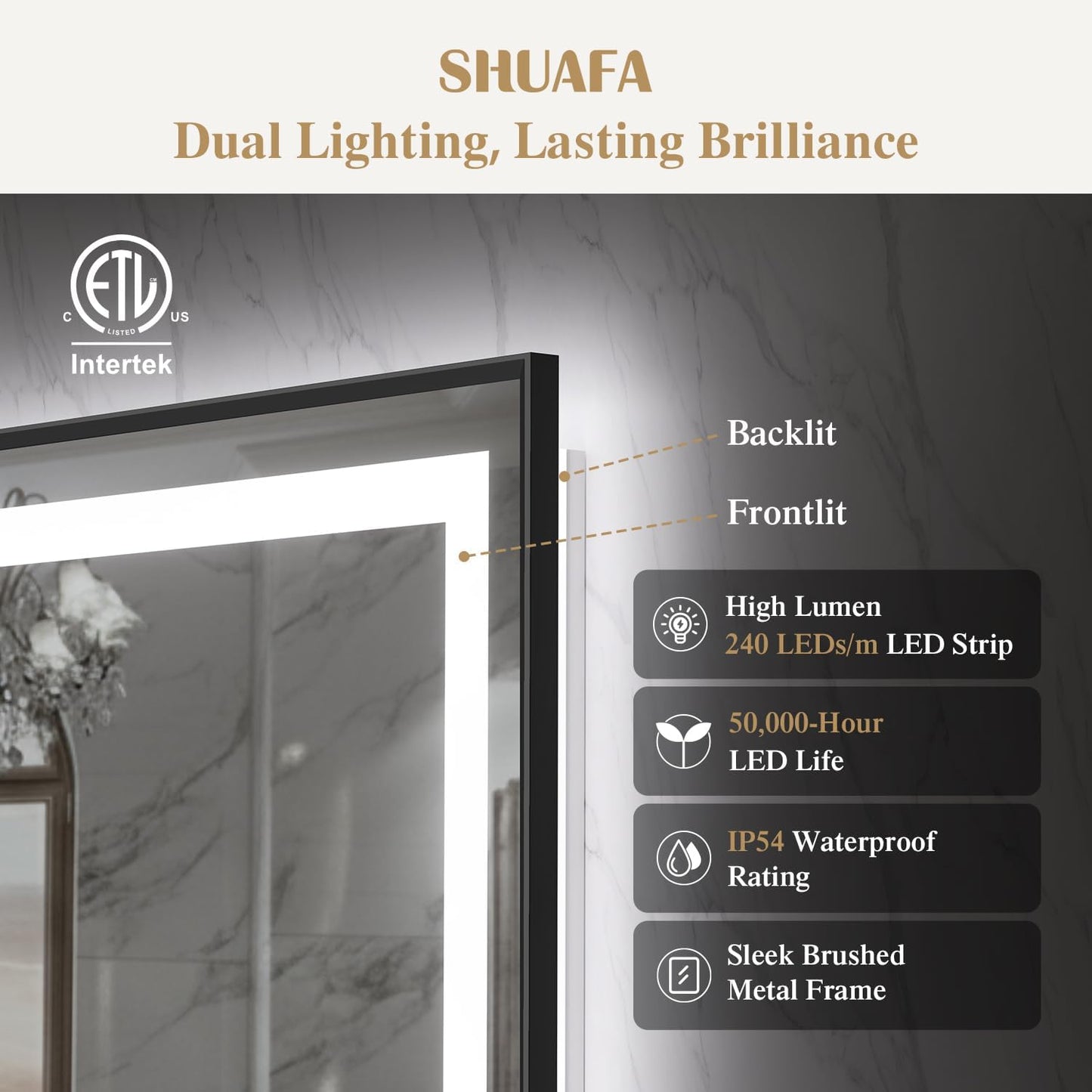 36X36 Inch LED Bathroom Mirror with Lights, Black Frame Frontlit+ Backlit Bathroom Vanity Mirror for Wall, Ultra-Clear Tempered Glass, Shatter-Proof, Anti-Fog and Memory Function, ETL Listed