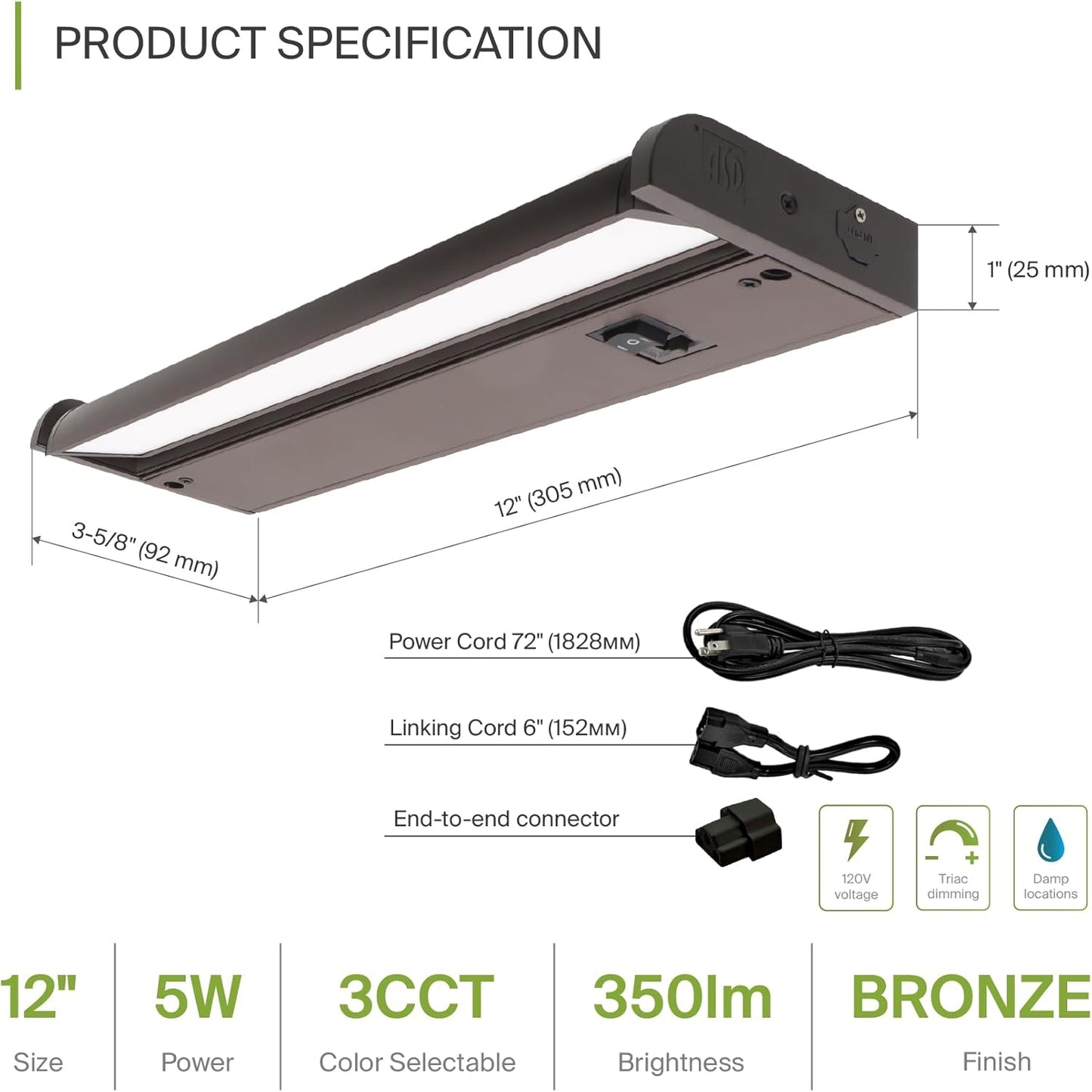 ASD Swivel LED Under Cabinet Lighting Bronze, 12 Inch 5W, Hardwired or Plug-in, 2700K/3000K/4000K, Hi/Low Switch, Rotatable Lens, Dimmable Linkable Under Counter Light for Kitchen, ETL & Energy Star