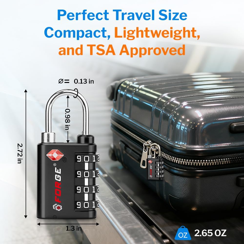 Forge Dual-Opening: Key or Combination Lock, TSA Approved Lock for Luggage, Pelican case, Travel, Gym, School, Luggage Combination Lock, Travel Bag Lock (Black 10 Pk)