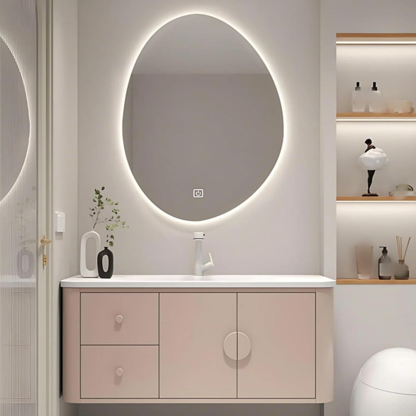 48IN Pink Modern Bathroom Vanity - Bathroom Vanities Set with 2 Drawers Wall Mounted | Rounded Corner Smart Defogging Mirror Cabinet with Lighting & Time Display, Side Opening Storage Shelf (Style B)