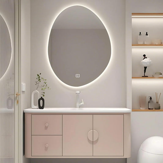 64IN Pink Modern Bathroom Vanity - Bathroom Vanities Set with 2 Drawers Wall Mounted | Rounded Corner Smart Defogging Mirror Cabinet with Lighting & Time Display, Side Opening Storage Shelf (Style B)
