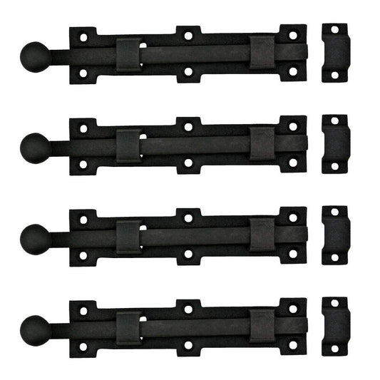 Renovators Supply Manufacturing Offset Slide Bolt Latch 8 3/4 in. Black Wrought Iron Ball Tip Styled Slide Bolt with Mounting Hardware Pack of 4