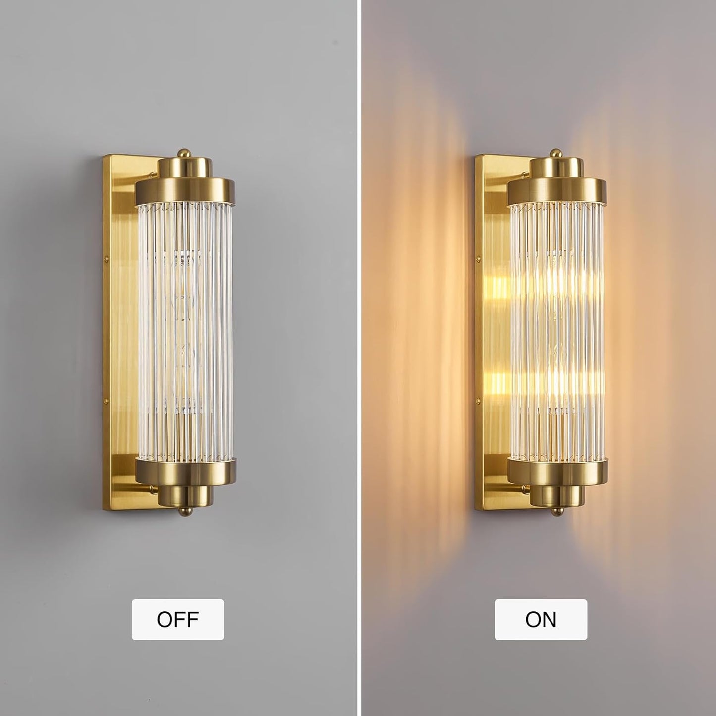 Gold Wall Sconces Set of Two with Crystal Glass Strip Bathroom Sconces Modern Wall Lights for Bedroom Living Room Hallway Wall Light Fixtures, 2 Light E12 Base