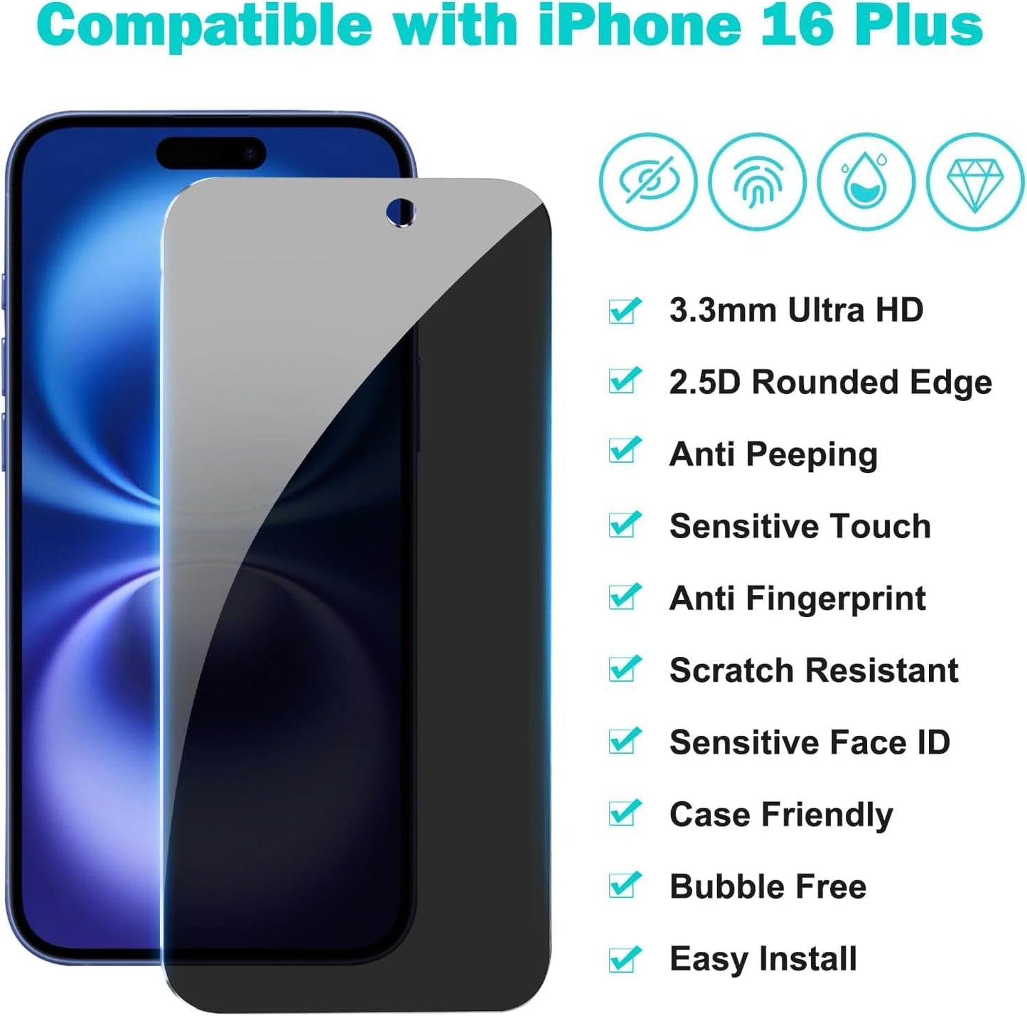 3 Pack Privacy Screen Protector for iPhone 16 Plus with 2 Camera Lens Protector 9H+ Tempered Full Cover Glass Military Grade Shatterproof 25° Anti Spy Bubble Free Auto Installation kit