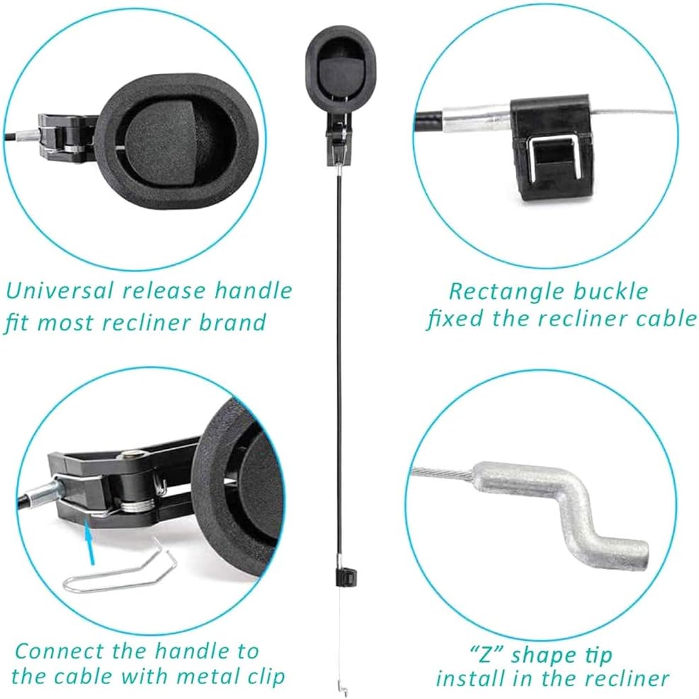 2Pcs Universal Couch Recliner Release Pull Handle 3" by 3.5" Replacement Parts with Cable, Fits Ashley Lazy Boy and Most Recliner Sofa Brands, Exposed Cable Length 4.9"