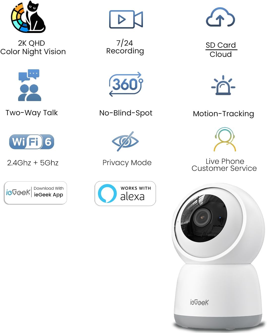 ieGeek 2K Indoor Home Security Cameras，360° Pet Camera with Auto Tracking, Motion & Sound Detection，3MP Night Vision, 2.4G/5G WiFi Dog Camera with Phone App, Cloud & Memory Storage, Works with Alexa