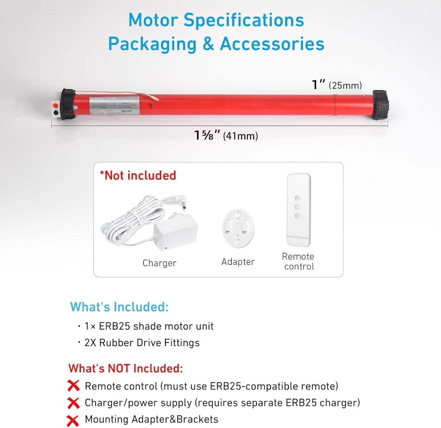 Rollerhouse ERB25 Battery Roller Shade Motor for DIY Electric Roller Blind/Shade Tubular Motor for 1.5 inch/38/40mm Tube