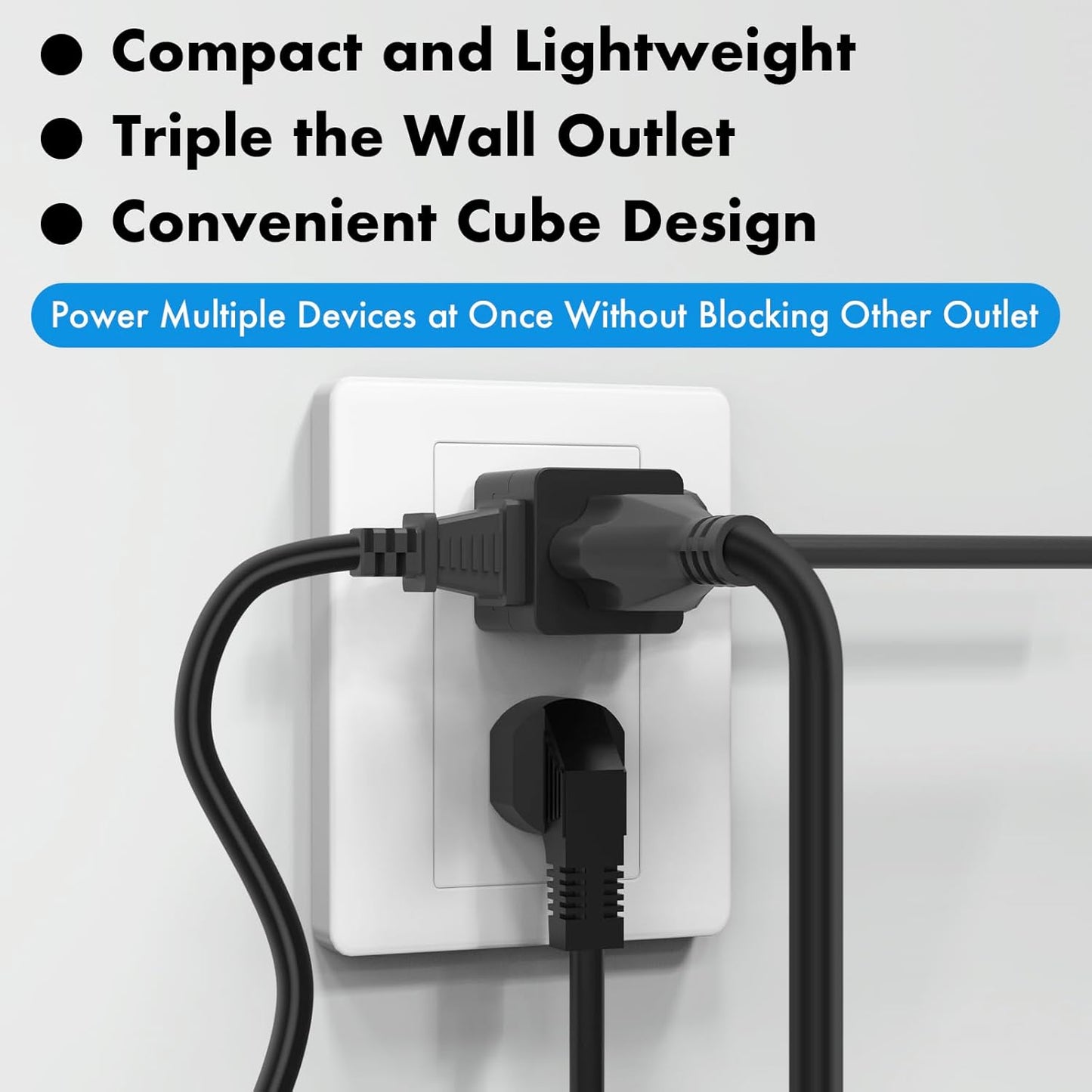 POWERCORDS 3 Power Blocks Outlet Splitter, 3 Pack, Grounded Wall Tap, 3-Prong Plug Adapter AC Multi Plug Wall Outlet, Power Splitter, Cruise Essentials, for Home Office School Dorm, UL Listed,Black