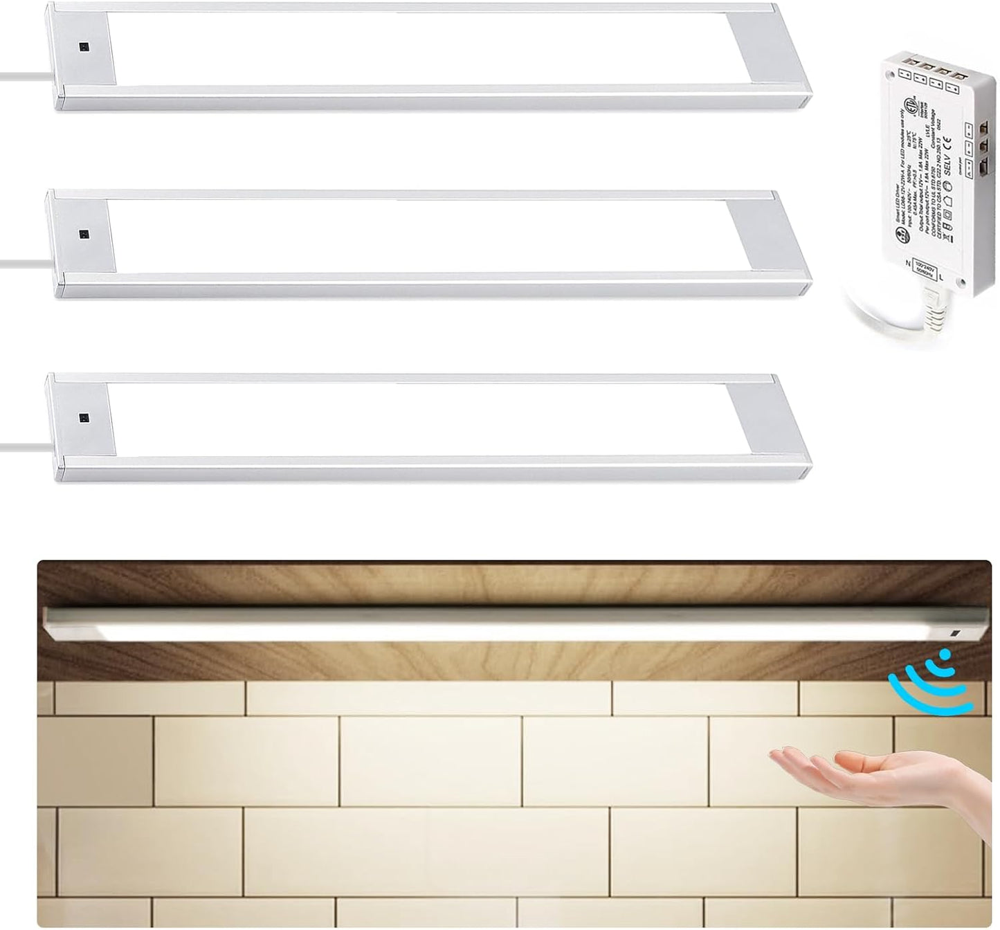 VST Hand Wave Activated Under Cabinet Lights Plug in, Closet Lights, Stepless Dimming Lighting for Kitchen Shelf Cupboard Closet Workbench (12in 3Pack 4000K)