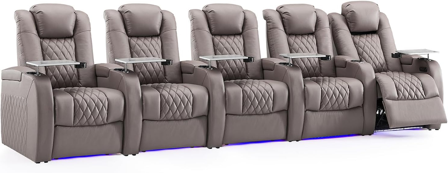 Weilianda Home Theater Seating Top Grain Leather Zero Gravity Recliner Chair Power Headrest Recline Movie Seat Gaming 7 Colors Mood Light Sofa with Tray Table USB Charge Row of 5 Grey