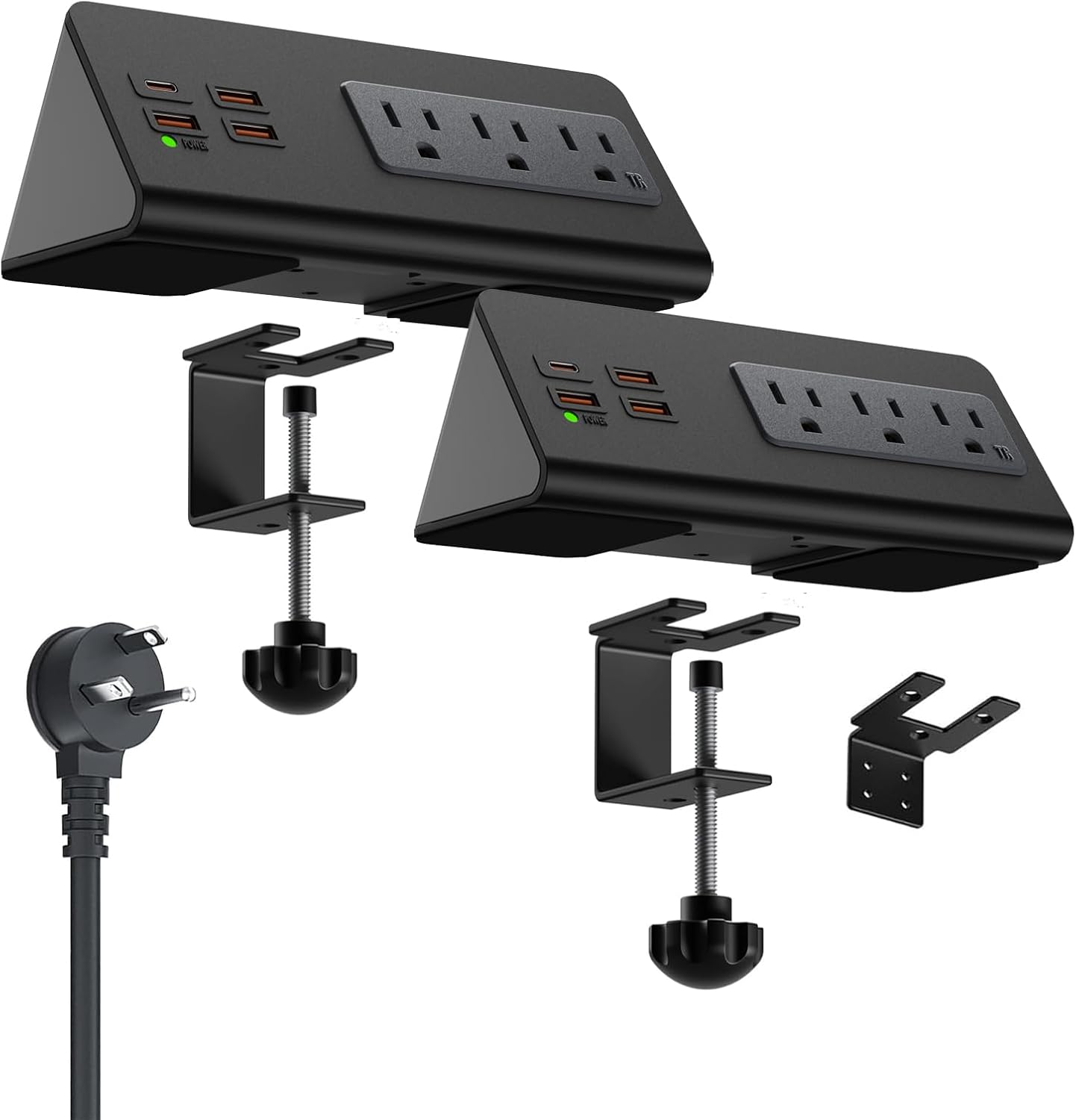 Power charge station edge clamp mount with USB-C portsTabletop Surge Protector Desk Clamp Power Sockets with 3 AC Outlets and 4 Fast Charging USB Ports for Home Office Hotel and Dormitory (Black-2pcs)