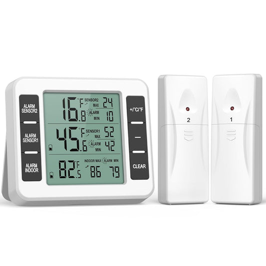 (UPGRADED) AMIR Refrigerator Thermometer, Wireless Indoor Outdoor Freezer Thermometer, Sensor Temperature Monitor with Audible Alarm Temperature Gauge for Kitchen, Freezer, Home (Battery not Included)