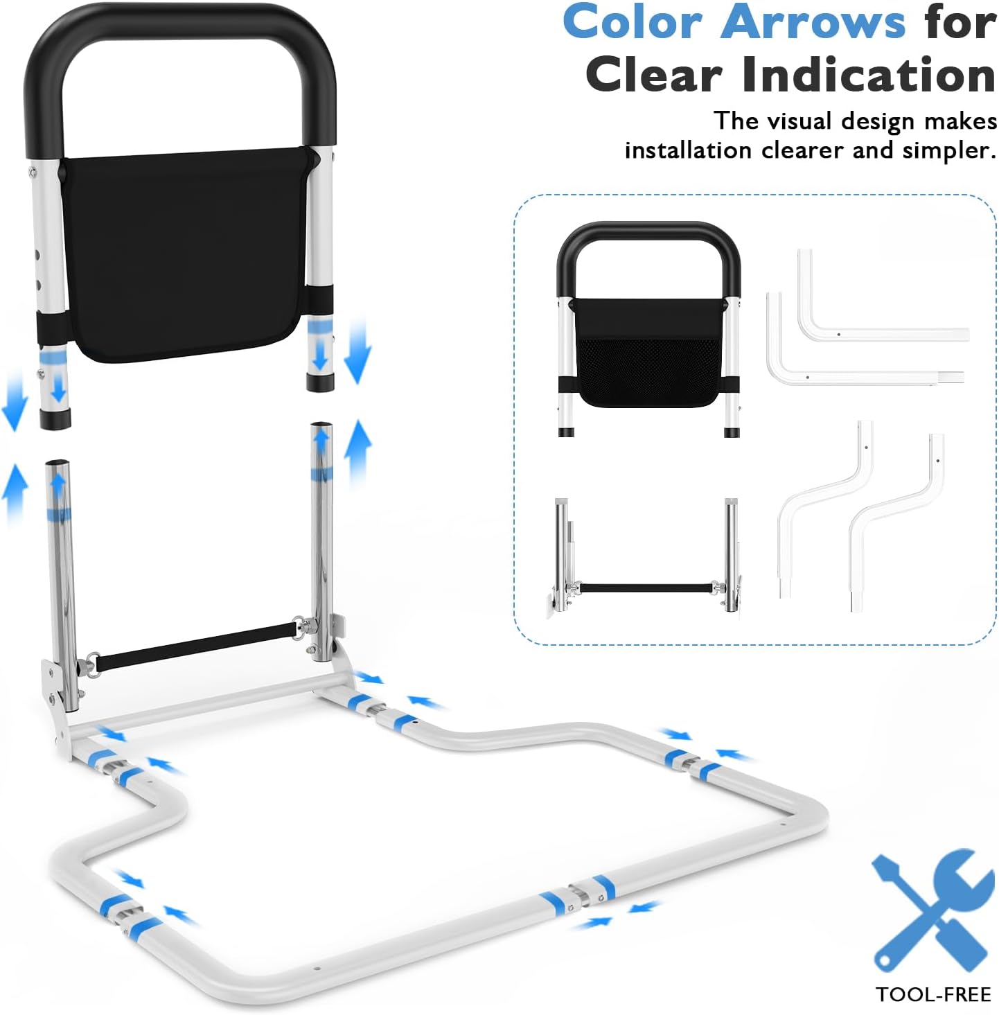 Bed Rails for Elderly Adults Safety, Surgery Patients Adjustable Bed Railings Support Assist Rail for Seniors, Fall Prevent Grab Bar with Storage Pocket, Bed Cane fit King Queen Full Twin Beds (Large)