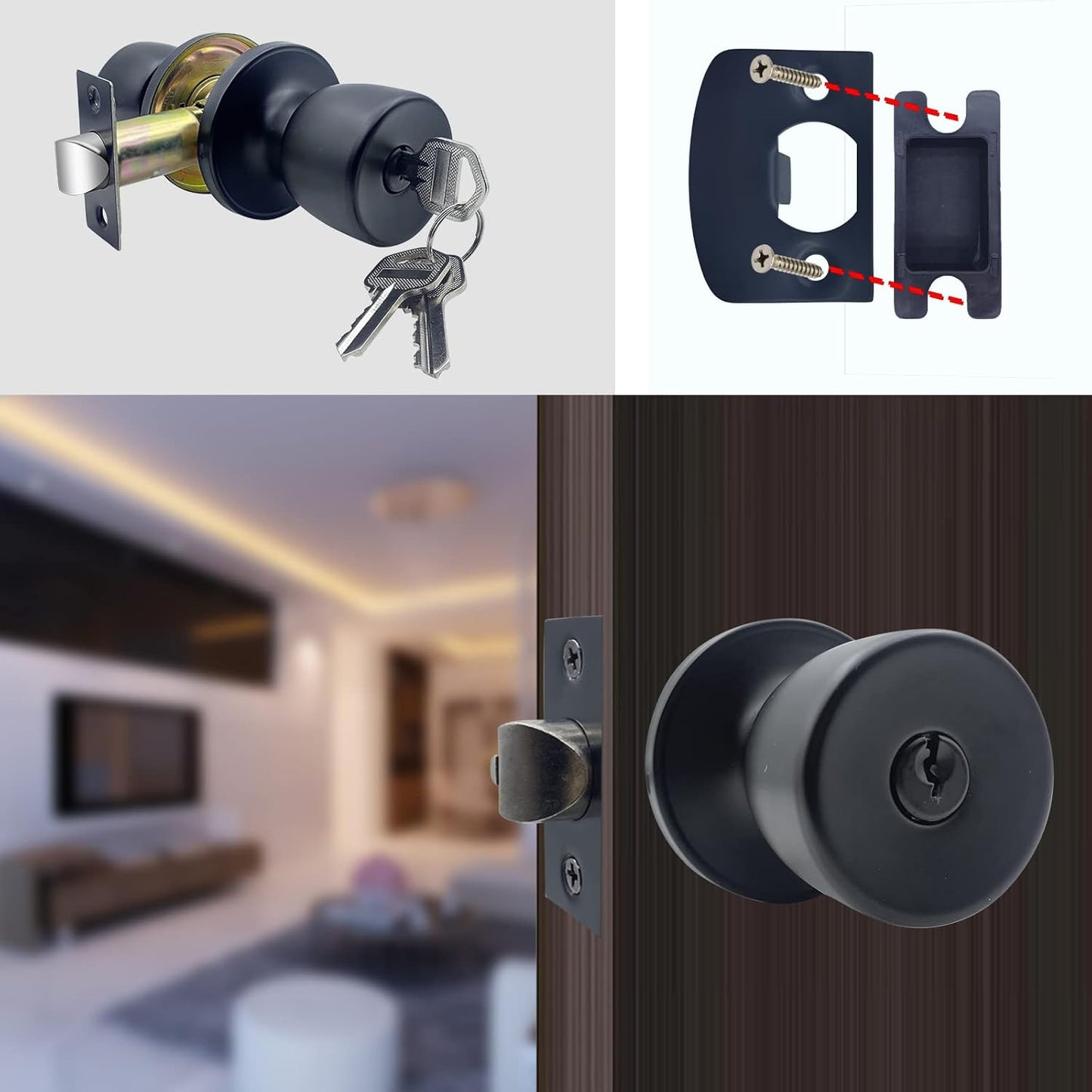 JO.KO Door Knob with Lock and Keyed, Round Ball Lock Interior/Exterior Door Knob for Bedroom Or Bathroom/Entry Door Handle (Matte Black 3Pack)