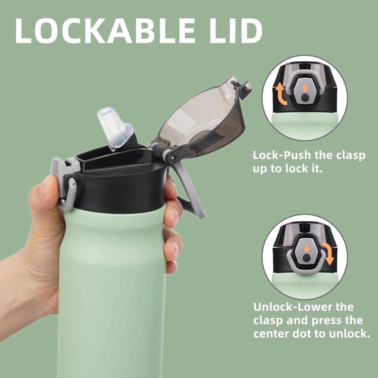 Insulated Water Bottle with Straw and Carry Loop,18 oz Stainless Steel Double Wall Vaccum Metal Water Flask with Leak-proof Lid, Avocado Green