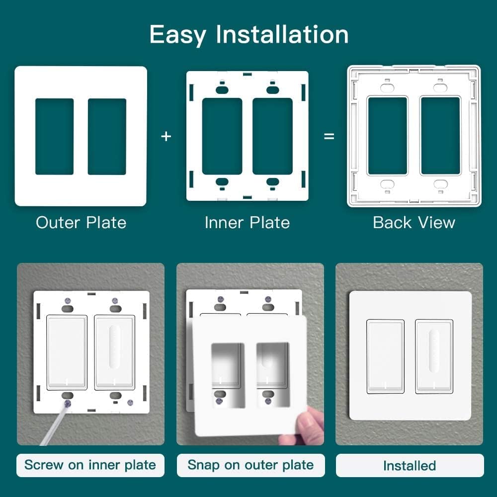 TREATLIFE Screwless Decorator Wall Plates, Standard Size 2-Gang Light Switch Plate, Outlet Covers White, 1 Pack 2-Gang Wall Plates Light Switch Cover