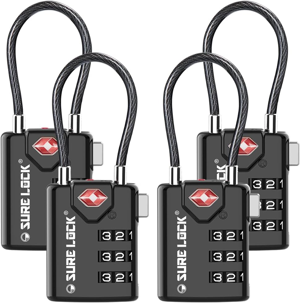 SURE LOCK TSA Compatible Travel Luggage Locks, Inspection Indicator, Easy Read Dials TSA Approved with Zinc Alloy Black 4 Pack