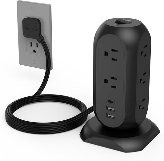 TESSAN Surge Protector Power Strip Tower with 3 USB Ports 11 Outlets, 1625W/13A, Black Extension Cord 6 Feet, 1050J Protection Desktop Charging Station for Office School Dorm Room Essentials