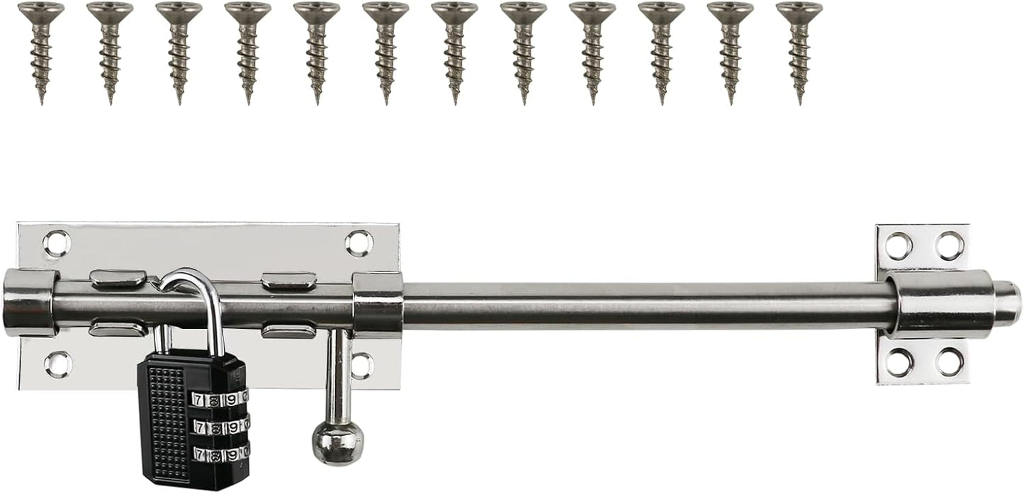 Sliding Bolt Door Latch, 201 Stainless Steel Barrel Bolt Lock, 30mm Combo Padlock Included, Heavy Duty Slide Gate Latch with 12 Screws, Silver Finish