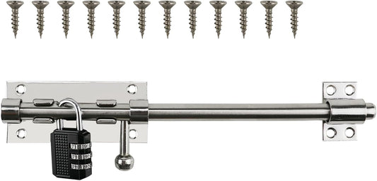Sliding Bolt Door Latch, 201 Stainless Steel Barrel Bolt Lock, 30mm Combo Padlock Included, Heavy Duty Slide Gate Latch with 12 Screws, Silver Finish