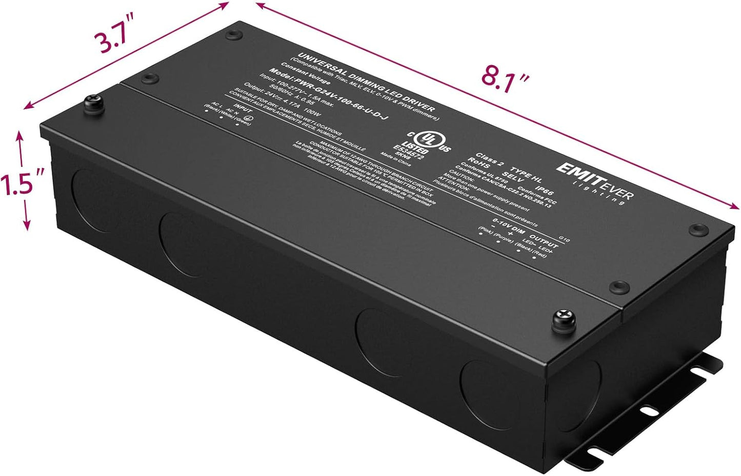 EMITEVER Dimmable Led Driver, 100W AC 100V-277V to DC 24V Transformer, 5-in-1 Dimming: ELV/MLV/TRIAC / 0-10V / 1-10V / 10V PWM/Potentiometer, Waterproof IP67 and UL Listed