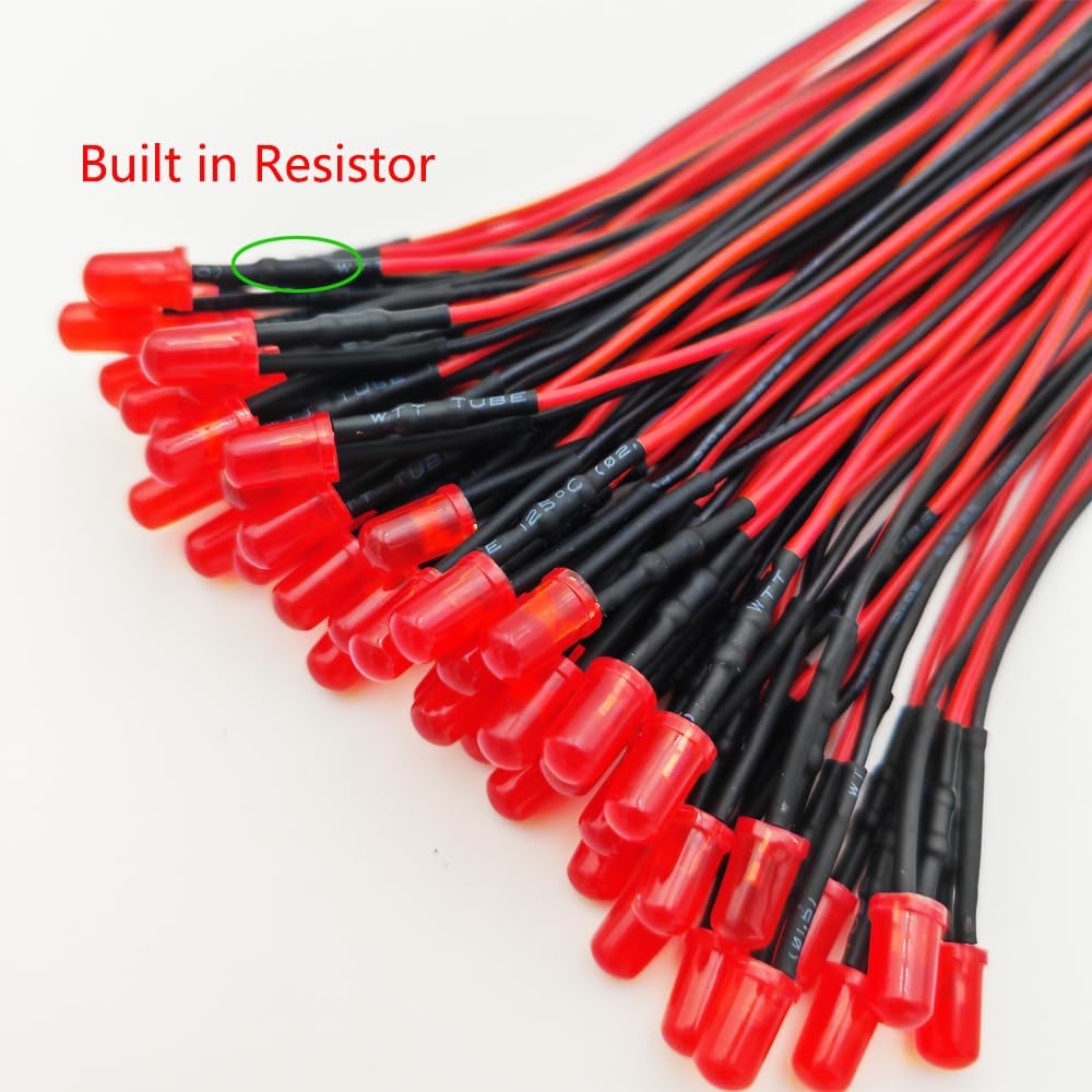 50pcs 110VAC 5mm Red LED Lights Emitting Diodes, Prewired 7.9 Inch V LED Light Diffused Colored Lens Small LED