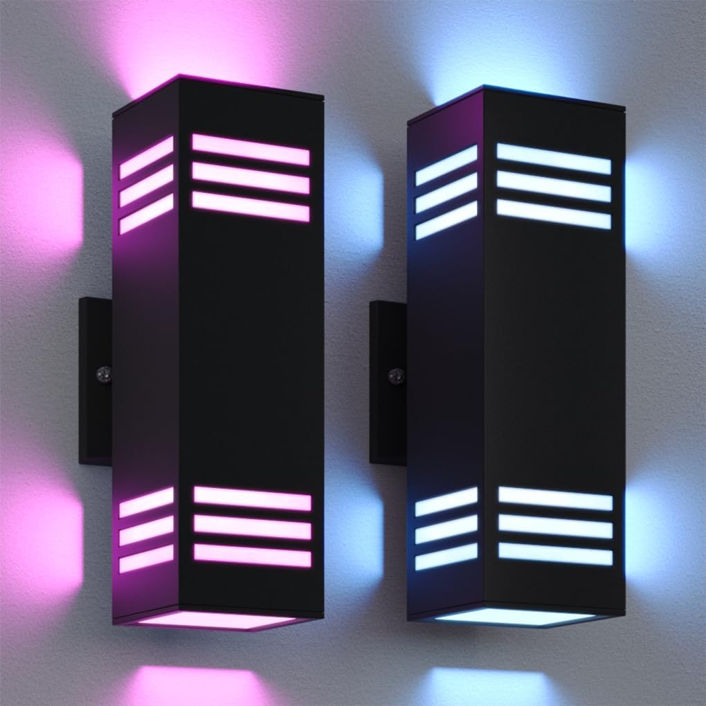 Smart Outdoor Sconce Lights 2 Pack, Up Down Wall Porch Lights RGB Color Changing WiFi APP Control, Dimmable LED Exterior Wall Lighting Fixtures Work with Alexa,No Hub Required,ETL Listed