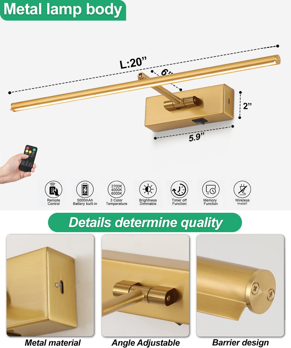Battery Operated Picture Light with Wireless Remote 3CCT Dimmable Gold Wall Art Lights for Paintings 3 Color Rechargeable cordless decor Gallery Light 20’‘ Artwork Lighting for Canvas Timer Function