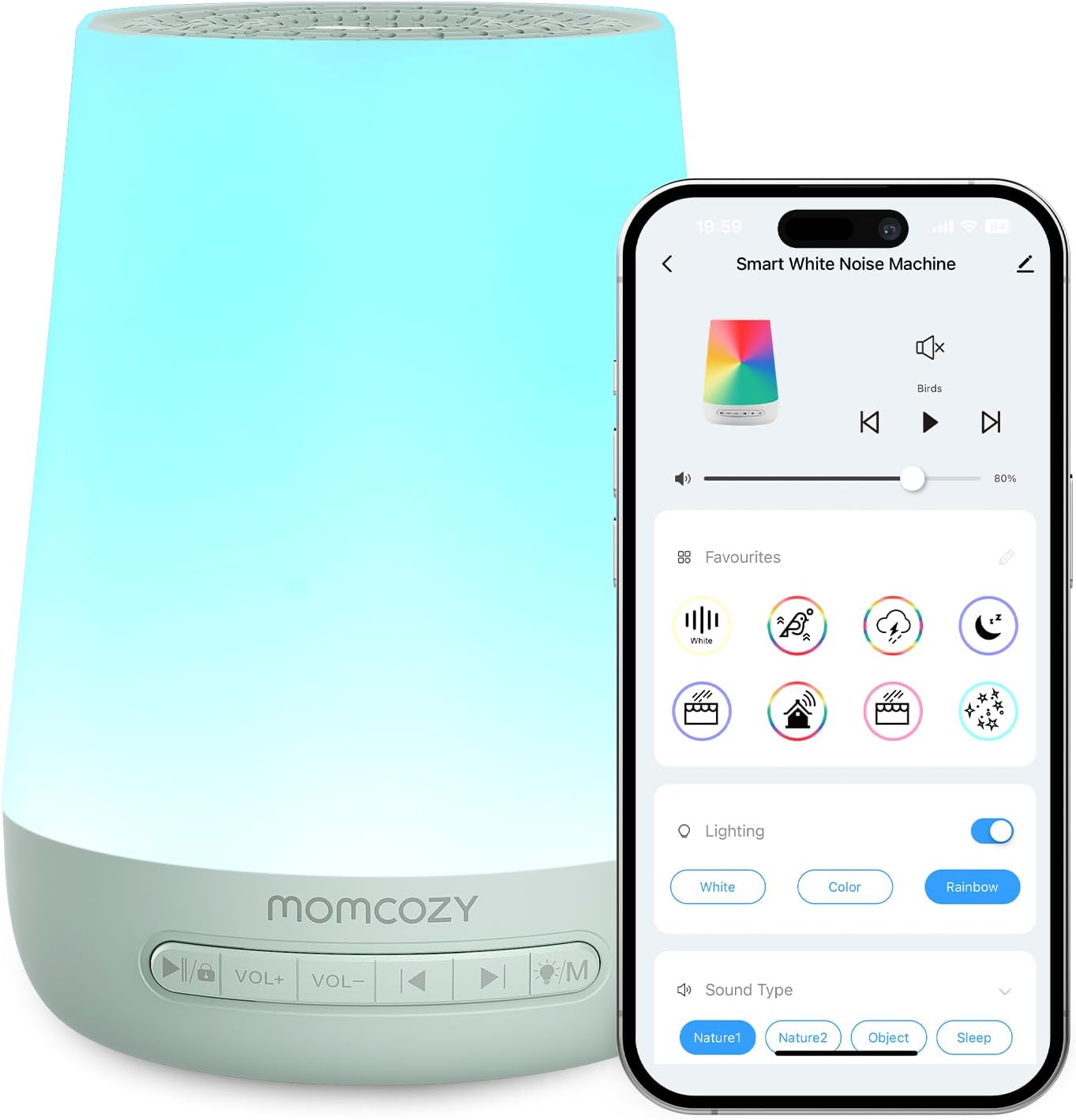 Baby Sound Machine, Momcozy White Noise Machine for Baby Sleeping with Night Light, Toddler Sleep Trainer with 34 Soothing Sounds, Timer, App Remote Control, Personal Sleep Routine(Green)