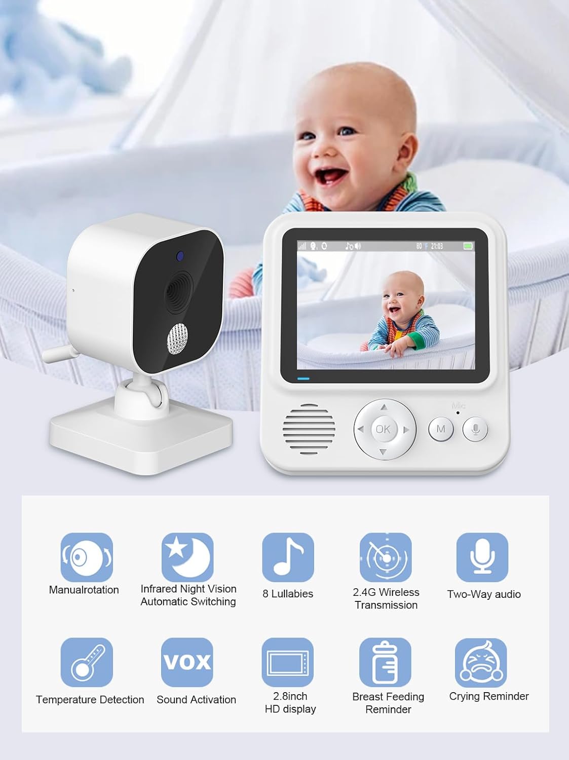 Baby Monitor with 2.8-inch LCD Display, Two-Way Audio, Night Vision, Temperature Sensor, 8 Lullabies, 2.4G Wireless Transmission, 2X Digital Zoom, Feeding Timer Without Power Adapter