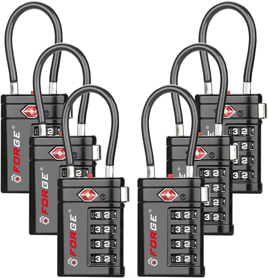 Forge TSA Approved Luggage Locks 4 Digit Combination TSA Travel Locks with TSA008, Open Alert Indicator, Zinc Alloy Body for Luggage, Suitcase, Backpack, and More. Black 6 Locks.