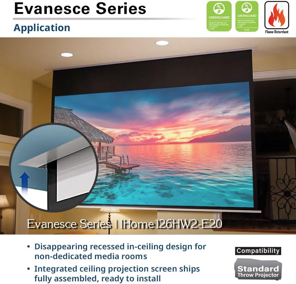 Elite Screens Evanesce 126" Diag.16:9, Recessed in-Ceiling Electric Motorized Projector Screen and Installation Kit, Matte White Fiberglass Reinforced Projection Surface, IHOME126HW3-E20
