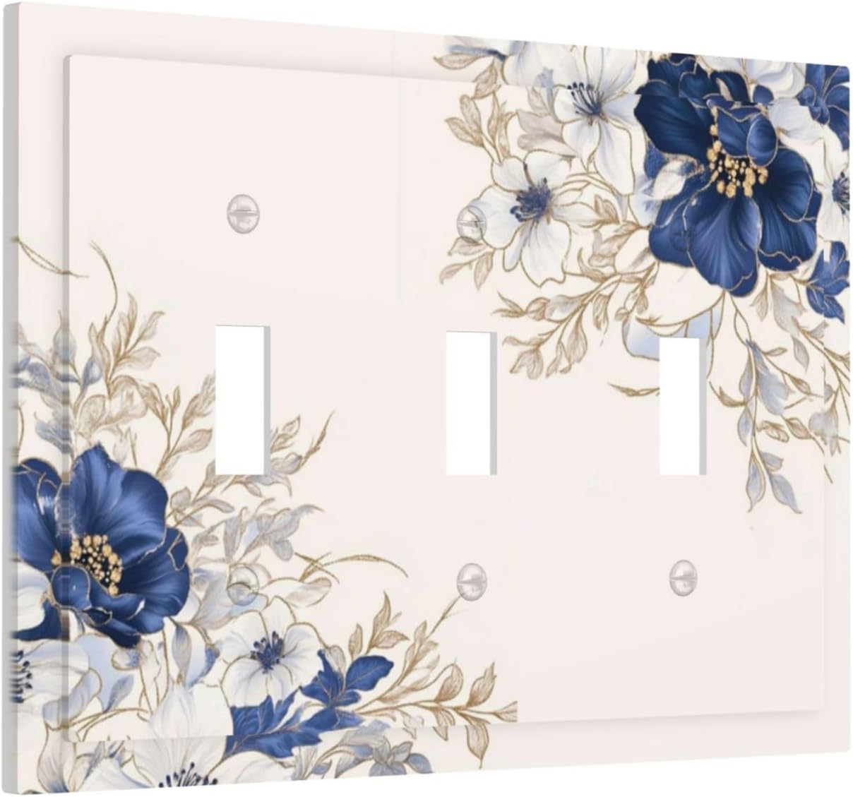 Decorative Light Switch Cover Plate Rustic Blue White Flowers Floral Penoy 3 Gang Wall Plate Oversized Triple Toggle Switch Cover Plate Jumbo Face Plate for Bedroom Decor