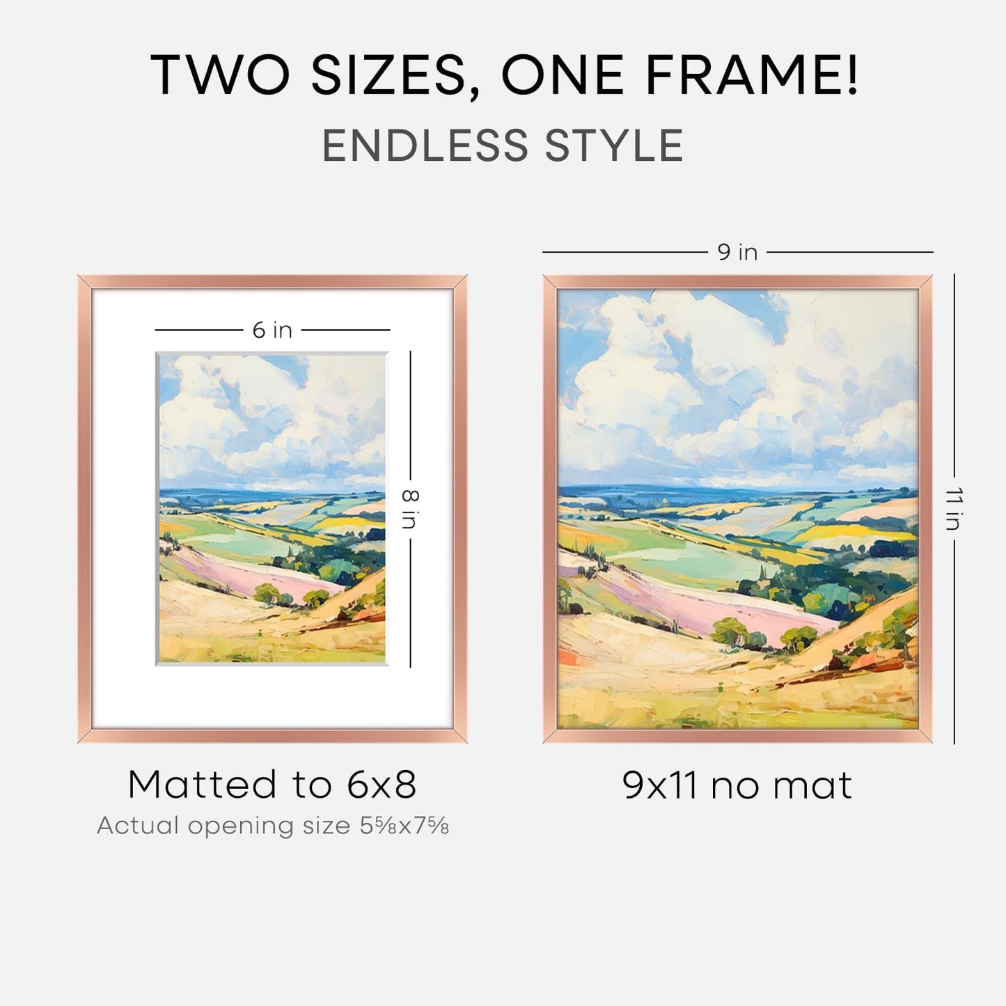 Homeforia 9x11 Rose Gold Frame, High End Metal 9 x 11 Picture Frames with Mat 6 by 8 inch Photo, 9by11 Poster Frame Matted to 6x8 Print, 11x9 Wall or Tabletop Frame, Tempered Glass, Wall Kit, Set of 1
