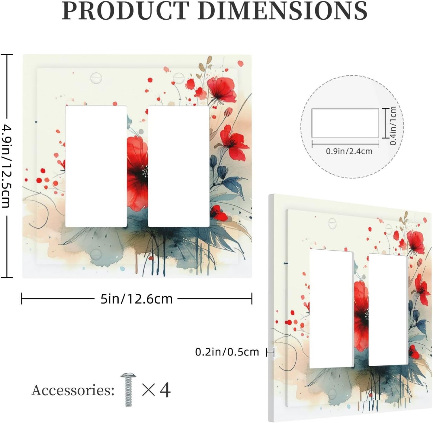Vintage Floral Red Watercolor Modern Decorative Outlet Covers 2 Gang Double GFCI Rocker Light Switch Cover Plate Electrical Wall Panels for Bedroom Bathroom Decor