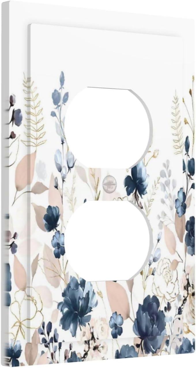 Blue Flora Boho Vintage Flower Golden Leaves Outlet Covers 1 Gang Duplex Light Switch Cover Decorative Switch Plates Electrical Receptacle Faceplate Wall Plate for Bedroom Living Room Decor