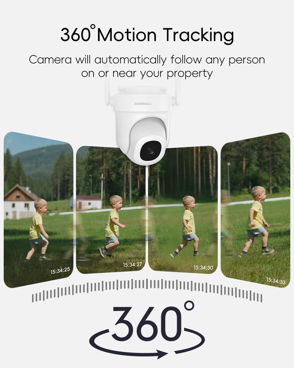 ZUMIMALL 3MP Security Camera Outdoor - 360° PTZ Auto Tracking | 24/7 Recording Wired Power, 2.4G/5G Wireless WiFi | Motion & Noise Detection, Color Night Vision, 2-Way Audio | Compatible with Alexa