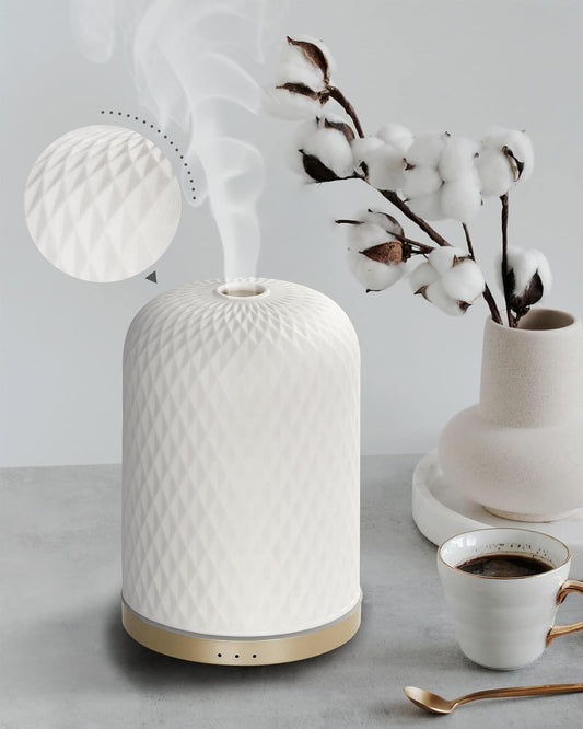 Essential Oil Diffuser,110ML Diffusers for Essential Oils Large Room, Ceramic Diffusers Decorative Ultrasonic Defuzzer, Ideal for Aesthetic Home,Dorm Décor, Yoga,White