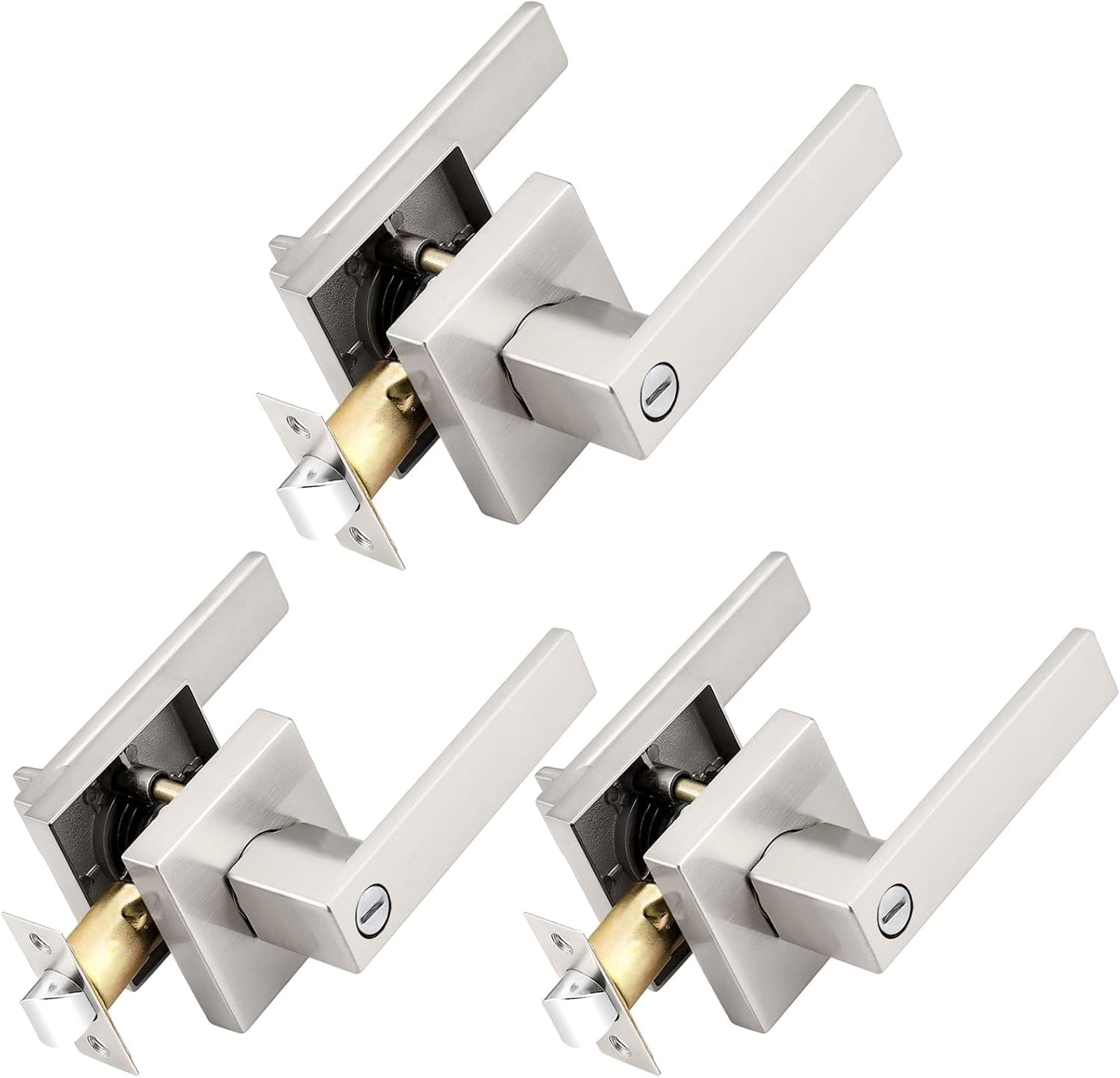Probrico Interior Brushed Nickel Door Handle, Heavy Duty, Flat Square Privacy Door Handles, Keyless Door Levers Lockset for Bedroom and Bathroom (3 Pack, Modern)